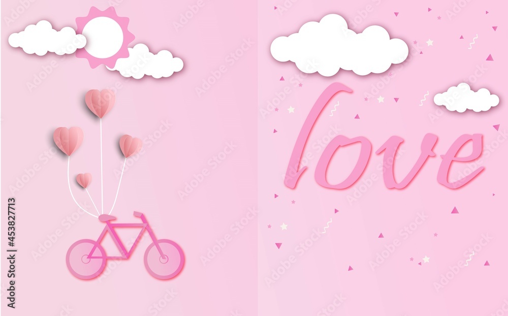 valentines day invitation card love heart balloon on abstract background with paper cut pink heart cloud illustration