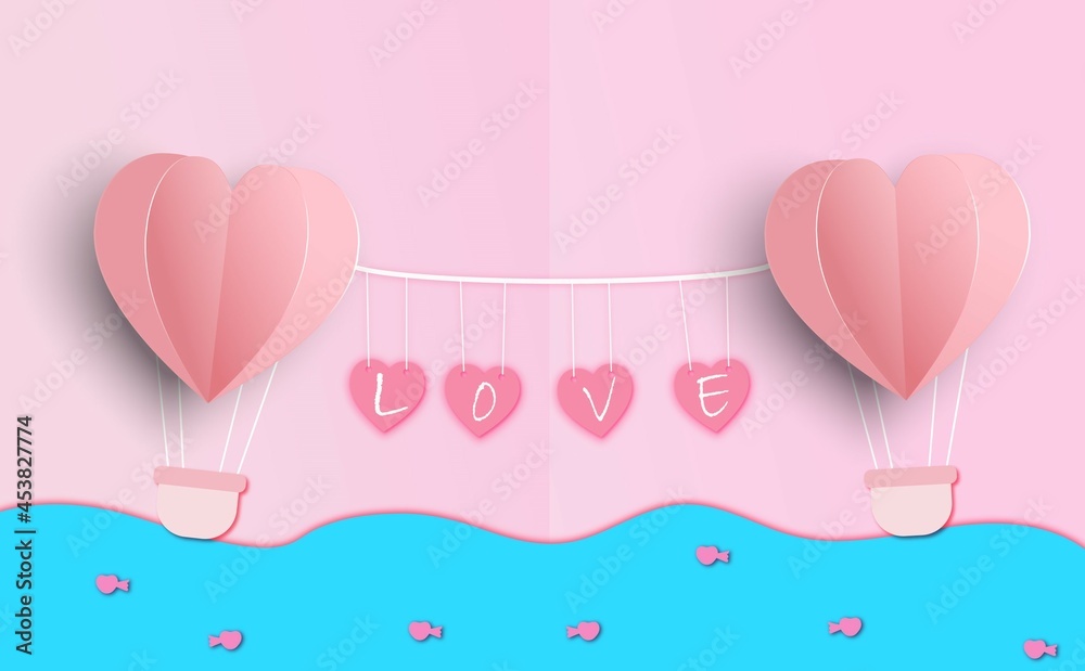 valentines day invitation card love heart balloon on abstract background with paper cut pink heart cloud illustration