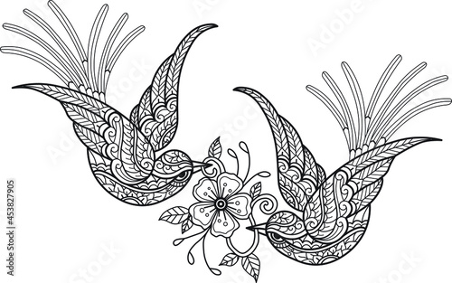 Two Bird with Flower Vector black and white Adult Mandala coloring page for colouring book. Leaves and flowers in monochrome colors