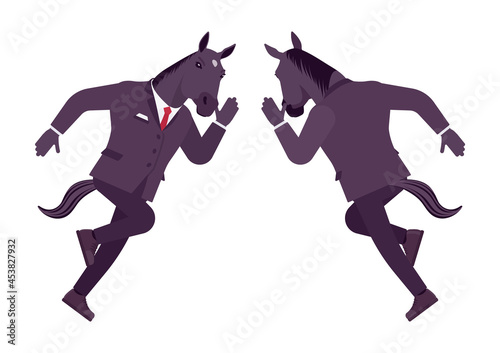 Horse man, large hoofed male animal, human wear, running fast. Business person in dark strict suit, strong working office employee, equestrian. Vector flat style cartoon illustration, front, rear view