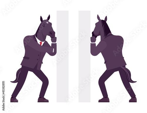 Horse man, large hoofed male animal, formal human wear, pushing. Business person in dark strict suit, strong working office employee. Vector flat style cartoon illustration, front and rear view