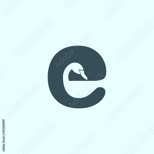 Negative space alphabet initial icon logo E,e with a design of a DUCK