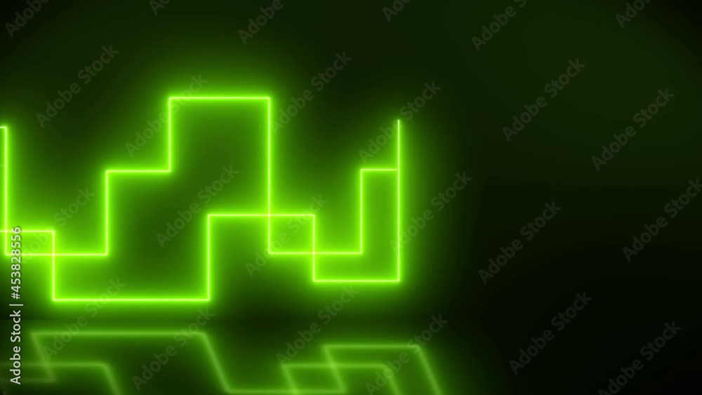 Video animation of glowing moving neon lines in green on reflective ground - abstract background Video animation of glowing moving neon lines in green on reflective ground - abstract background