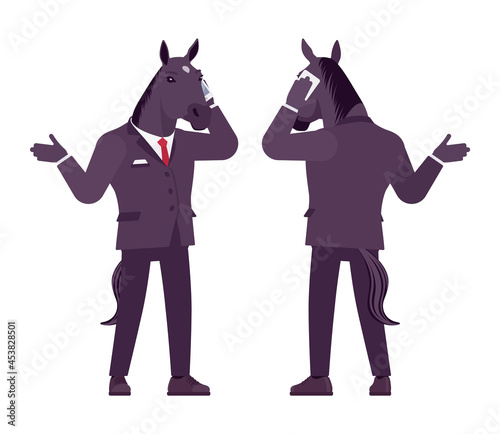 Horse man, hoofed male animal, human wear, talking by phone. Business person in dark strict suit, strong working office employee, equestrian. Vector flat style cartoon illustration, front, rear view