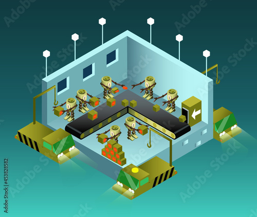 1980 sci-fi cyberpunk style isometric llustration of assembly line with vintage robots placing labels on boxes from the conveyor receptacle input and loading them on futuristic floating cargo truck.