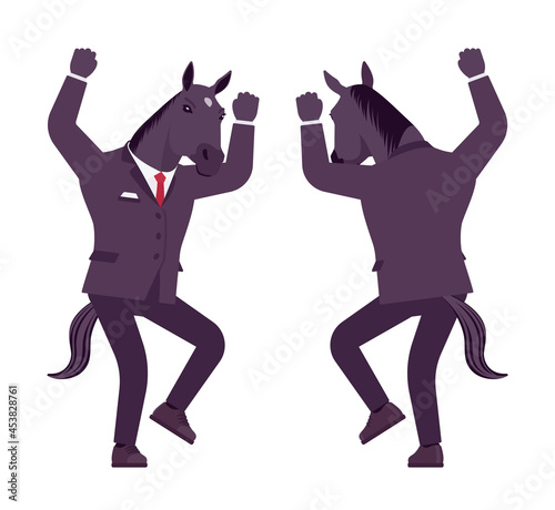 Horse man, large hoofed male animal, formal human wear, mad. Business person in dark strict suit, strong working office employee, equestrian. Vector flat style cartoon illustration, front, rear view