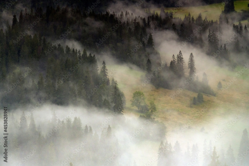 Fototapeta premium Morning mists on the Podhale slope. Mountain landscape. Podhale and Tatra Mountains views.