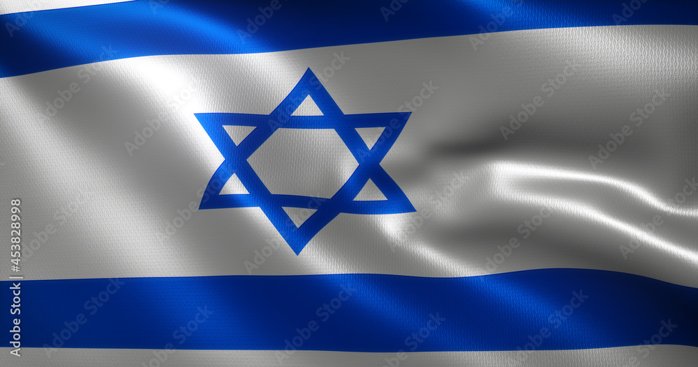 Israel Flag with waving folds, close up view, 3D rendering Israel Flag with waving folds, close up view, 3D rendering