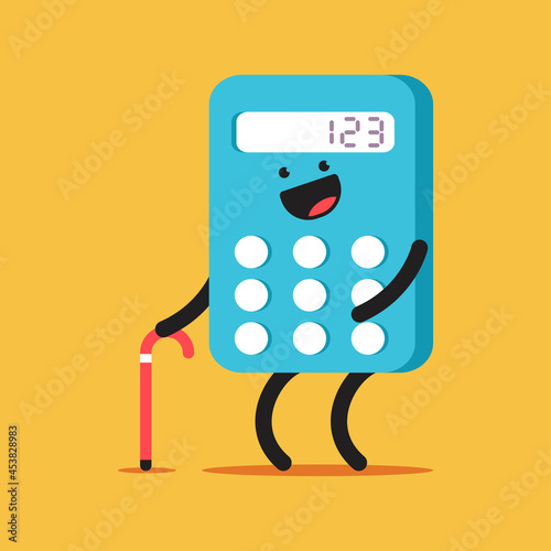 Cute old calculator with stick vector cartoon character isolated on background.