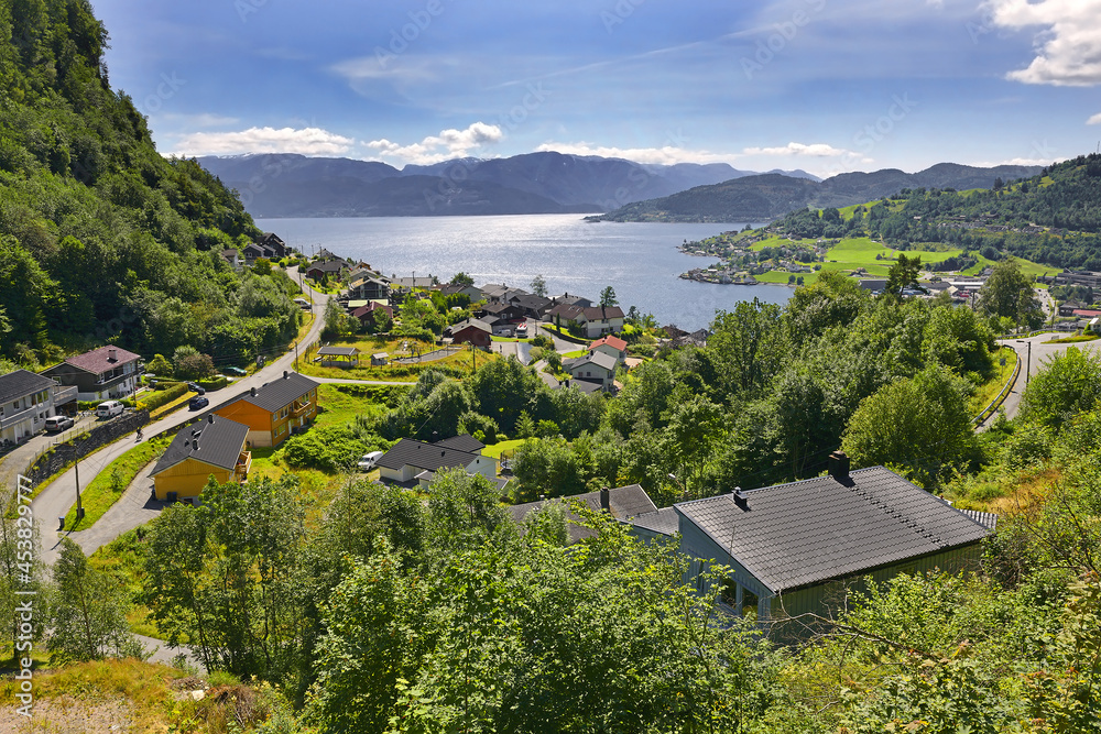 Hardangerfjorden and the town of Oystese (Øystese), Norway