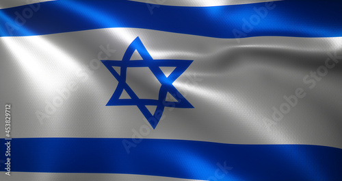 Israel Flag with waving folds, close up view, 3D rendering