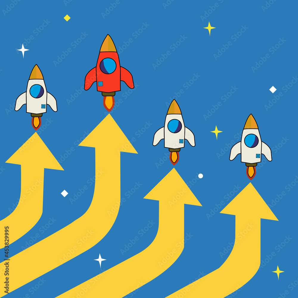 Red spacecraft leading among a spacecraft on blue background. Business competition and Leadership concept