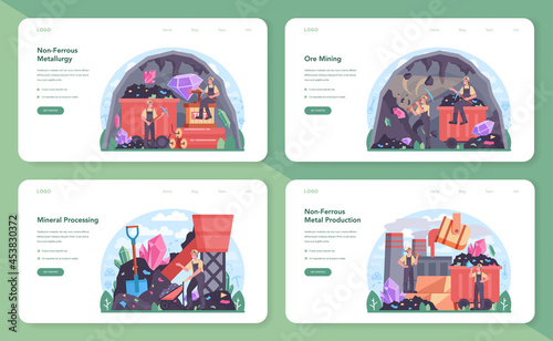 Nonferrous metallurgy web banner or landing page set. Ore extracting