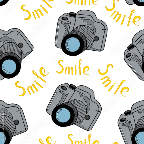 Seamless pattern of grey camera and yellow lettering Smile. white background. Wallpaper in cartoon style. Hand drawing. Vector illustration.