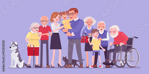 Multigenerational family, common household, people living together in support, care. Four generation portrait, parents, grandparents, great-grandparent, children together pets. Vector illustration