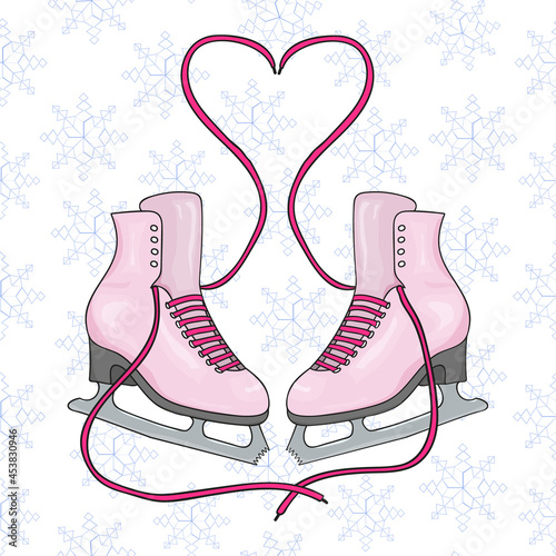Pair of pink skates on a white background. Pink laces in the form of heart. Hand drawing. Vector illustration. Valentines Day card.