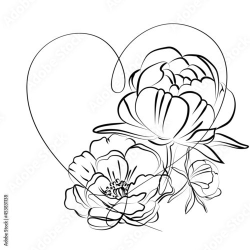 Blooming flower with heart on white background.
