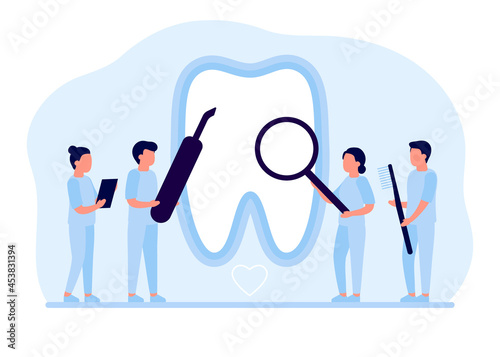 Tooth restoration, repair, dental care. Teeth cleaning, whitening and treatment, checkup by dentist. Oral hygiene. Prevention of dental diseases from dentist. Vector illustration