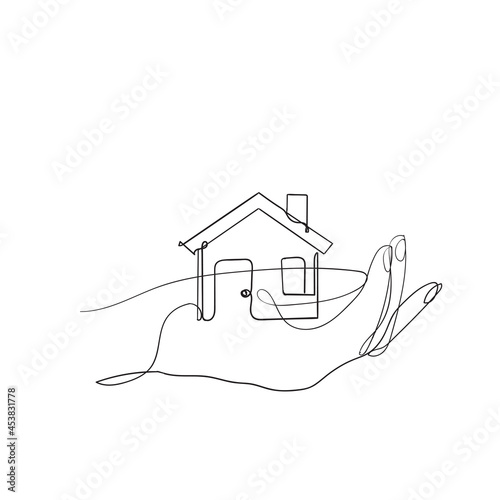 hand drawn hand holding house illustration in continuous line art style vector isolated