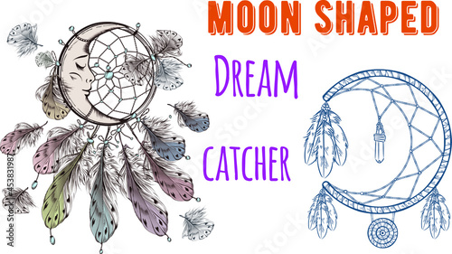 Dream catcher in shape of crescent moon. Creative hand drawn Dream Catcher Follow your Dreams. circle, moon, heart, star with feather and bead. Boho style illustration