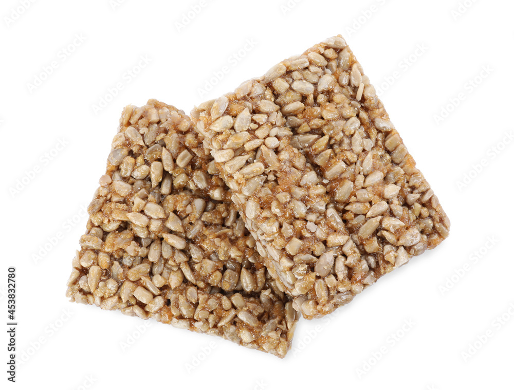 Delicious sweet kozinaki bars on white background, top view Delicious sweet kozinaki bars on white background, top view