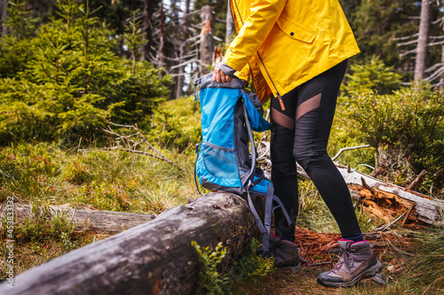 Hiker opening her backpack during resting in nature. Woman hiking in forest. Tourist found place in woodland for camping