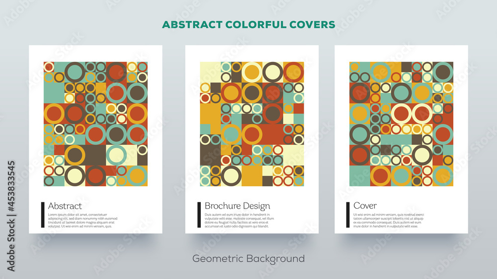 Abstract geometric design covers. Trending vintage retro style background. Set of simple colorful creative vector covers.