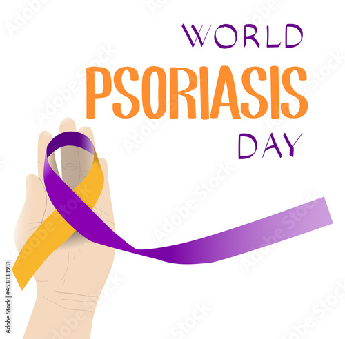 World Psoriasis Day. Bright orange and purple ribbon on hand. Vector illustration