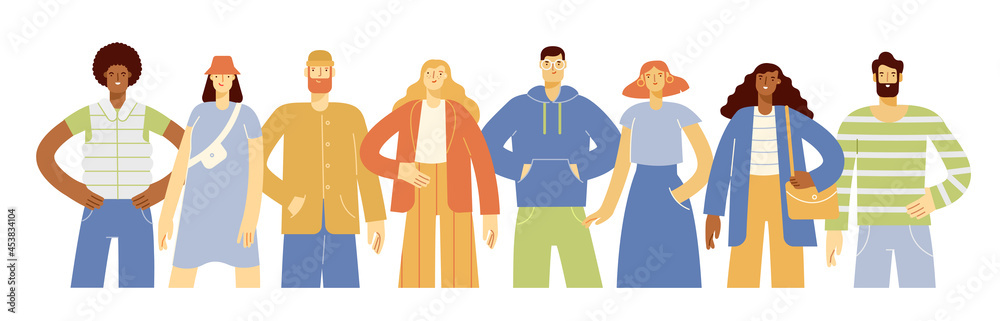 Portrait of diverse people standing together. Group of young man and woman of different nationality in casual outfit. Modern and funny team. Vector illustration, flat design. Isolated on white back