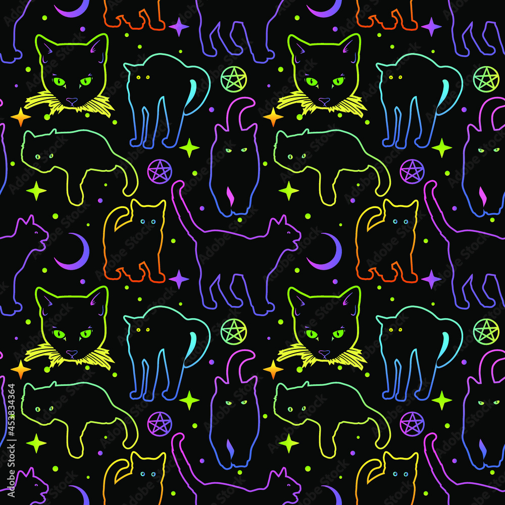 Cute funny cartoon witchcraft black cats. Bright seamless pattern. Halloween neon cat. Bright print for textile printing and more.