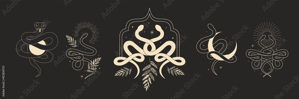 Fototapeta premium abstract illustration of mystical night. image of a snake, hands, phases of the moon and sun. sacred graphics geometry. mystical energy
