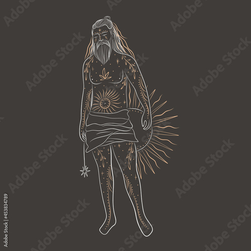 yoga character image. meditation as a lifestyle, god and goddess with golden tattoos. energy of space, tarot cards
