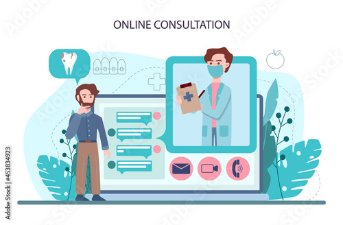 Dentist online service or platform. Dental doctor in uniform treating