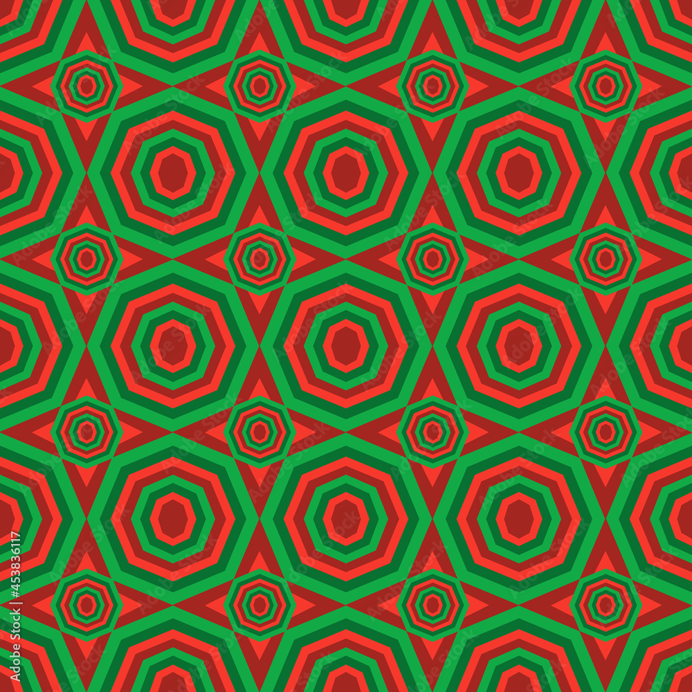 Seamless abstract graphics of green, red and yellow color in octagon ,triangle and square shape  . Vector flat design creative for fabric, wrapping, textile, wallpaper, apparel  for Christmas festival