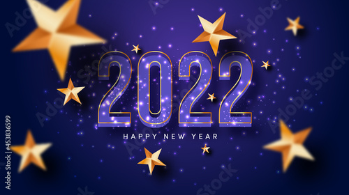 Happy new year 2022 purple background with golden starts