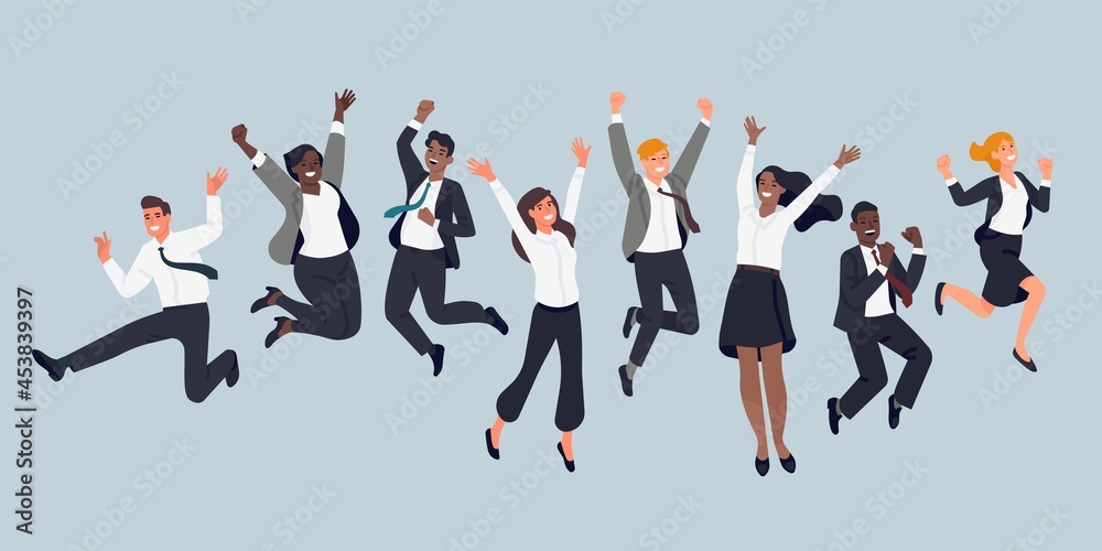 Jumping business people. Cheerful company employees, office managers, team event, men and women in formal suits having fun. Vector set - obrazy, fototapety, plakaty 