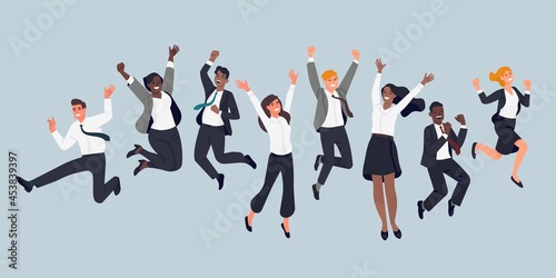 Jumping business people. Cheerful company employees, office managers, team event, men and women in formal suits having fun. Vector set