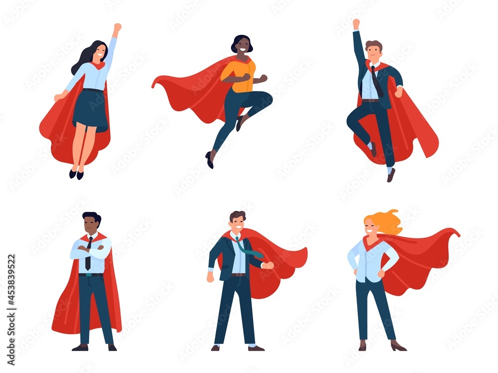 Super businessmen characters. Men and women heroes in different poses, flying, standing business people, fluttering capes. Vector set - obrazy, fototapety, plakaty 