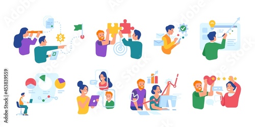 Business people work. Interactive employee interactions with graphs and charts, corporate team activities, management, planning. Vector set