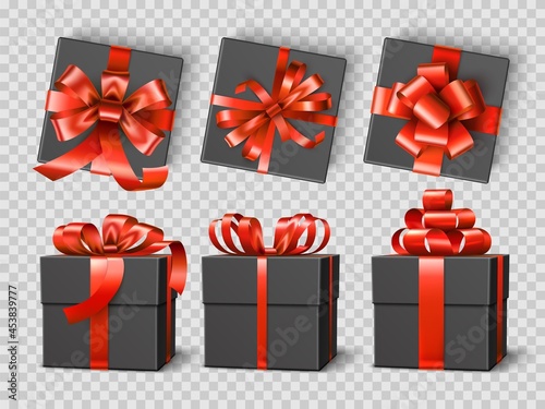 Black gift boxes. Realistic festive presents wraps mockup, red satin ribbons with differently tied bows, elegant dark packaging. Vector set