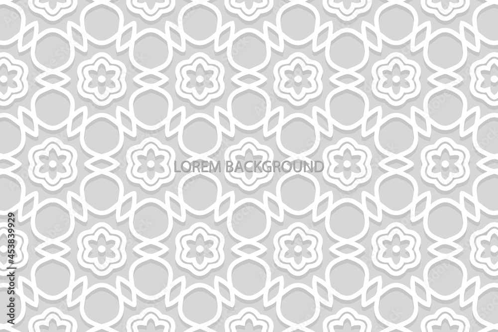 Geometric volumetric convex ethnic 3D pattern. Embossed original white background. Cut paper effect. Oriental, Indonesian, Asian motives in arabesque style, lace texture.