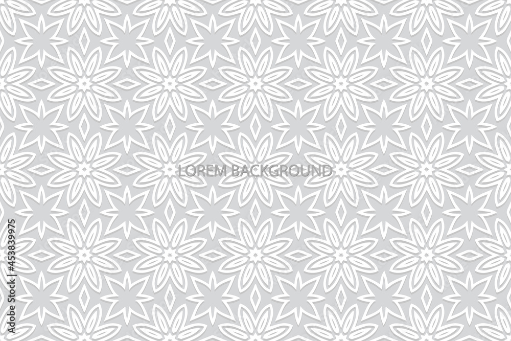 Geometric volumetric convex ethnic 3D pattern. Embossed floral beautiful white background. Cut paper effect. Oriental, Indonesian, Asian motives in arabesque style, lace texture.