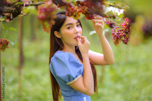 Beautiful women attractive stylish long hair being happy and having fun in vineyard her vacation.