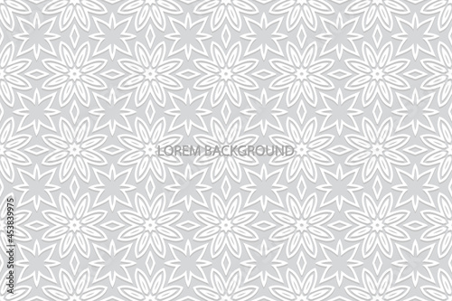 Geometric volumetric convex ethnic 3D pattern. Embossed floral beautiful white background. Cut paper effect. Oriental, Indonesian, Asian motives in arabesque style, lace texture.