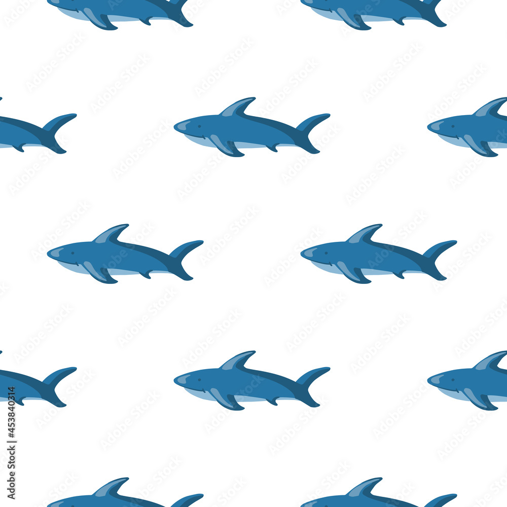 Obraz Isolated seamless zoo marine pattern with blue shark fish silhouettes. White background. Simple print.