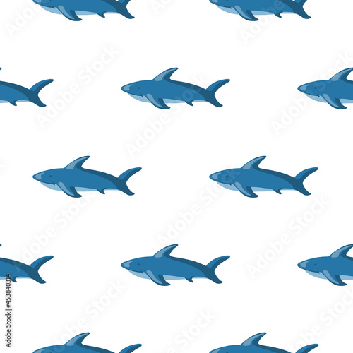 Isolated seamless zoo marine pattern with blue shark fish silhouettes. White background. Simple print.