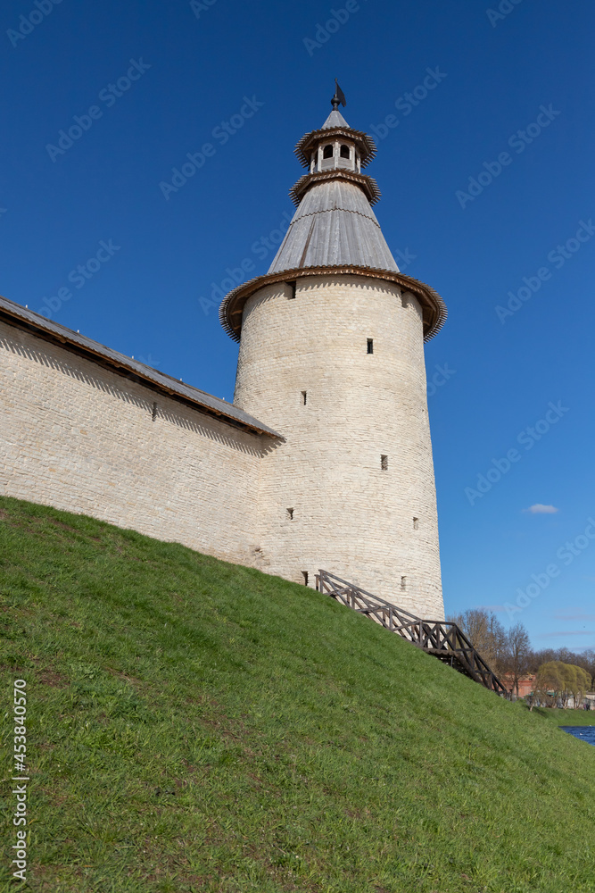Stone tower and wall of the Kremlin of Pskov