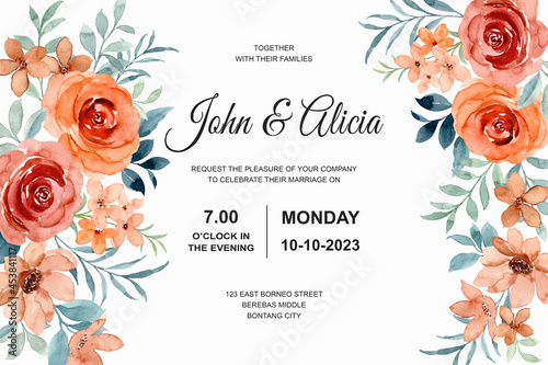 Wedding invitation card with rose flower watercolor
