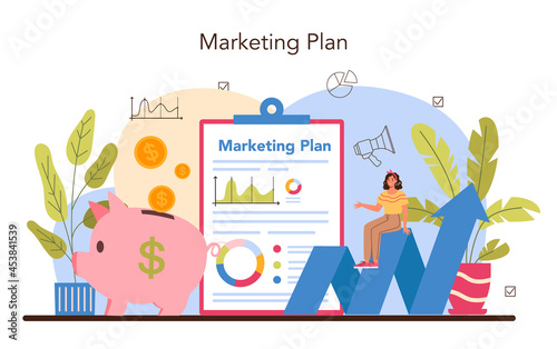 Marketer set. Marketing strategy and communucation with a customer