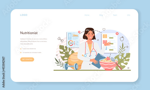 Nutritionist web banner or landing page. Nutrition therapy with healthy food